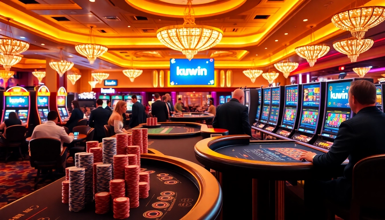 kuwin players enjoying a thrilling game at a luxurious casino table with vibrant lights.