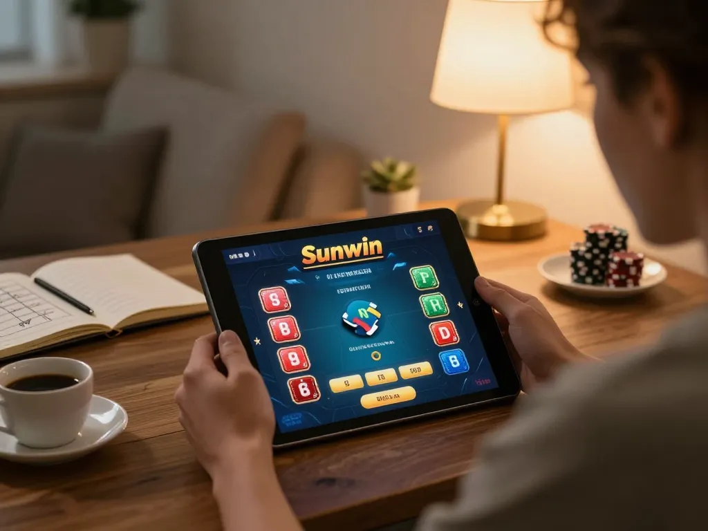 Engaging in online poker gaming at Sunwin with a cozy home setup and strategic notes.