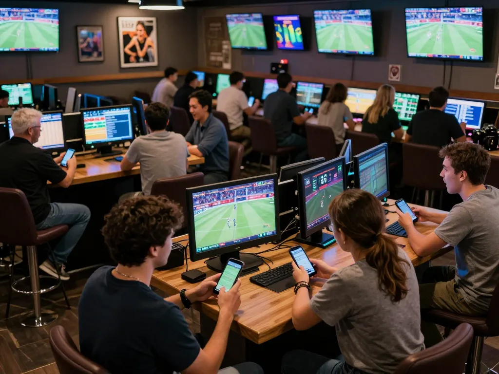 Excited patrons placing bets at hello 88 sports betting bar with live events displayed.