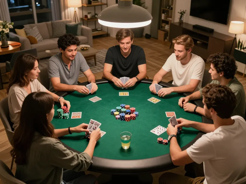 Players enjoying a home poker game with MM88 chips and cards on a stylish round table, warm lighting enhancing the atmosphere.
