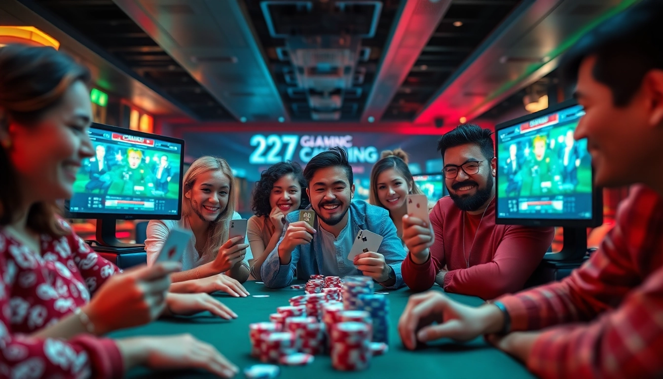 Engaging online gaming scene at topgamebaidoithuong.mx, showcasing players with cards and chips in a vibrant atmosphere.