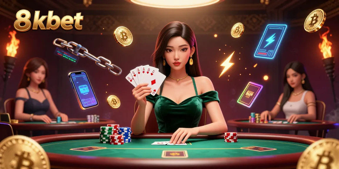 Experience excitement with 8xbet in a dynamic poker scene featuring luxury designs and cryptocurrency elements.
