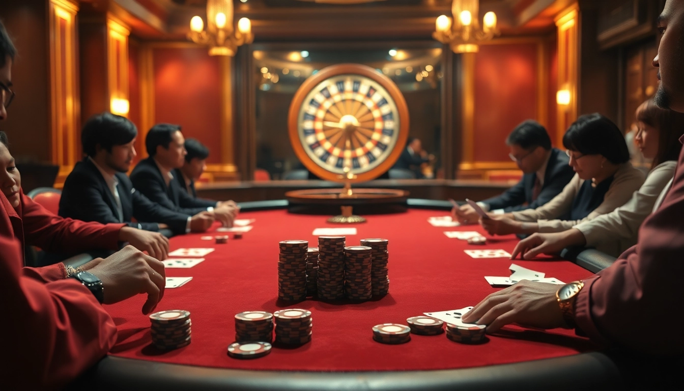 Engaged players at a poker table analyzing tỷ lệ nhà cái in a vibrant casino setting.