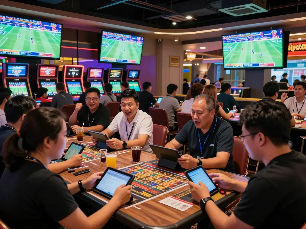 Experience thrilling sports betting at tip88 with excited patrons placing wagers amid lively casino atmosphere.