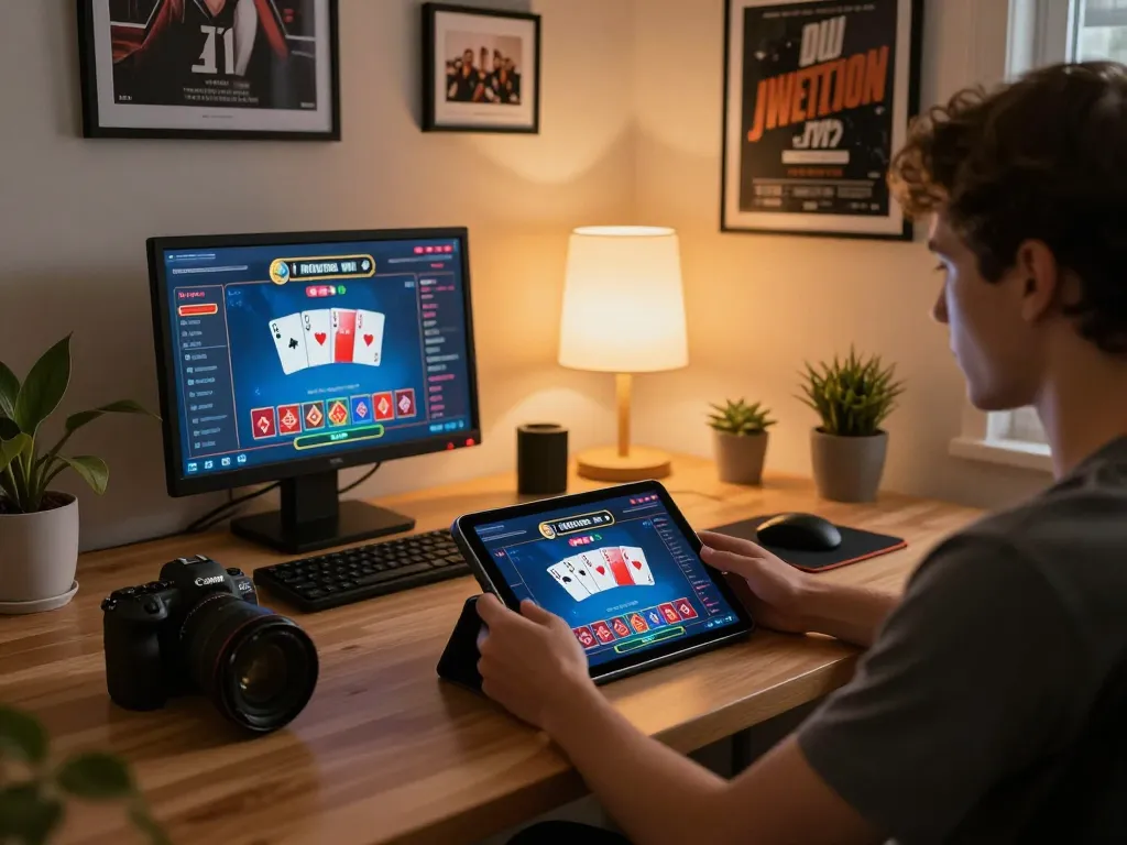 Engaging in Fabet online poker gameplay on tablet in a cozy home office setting.