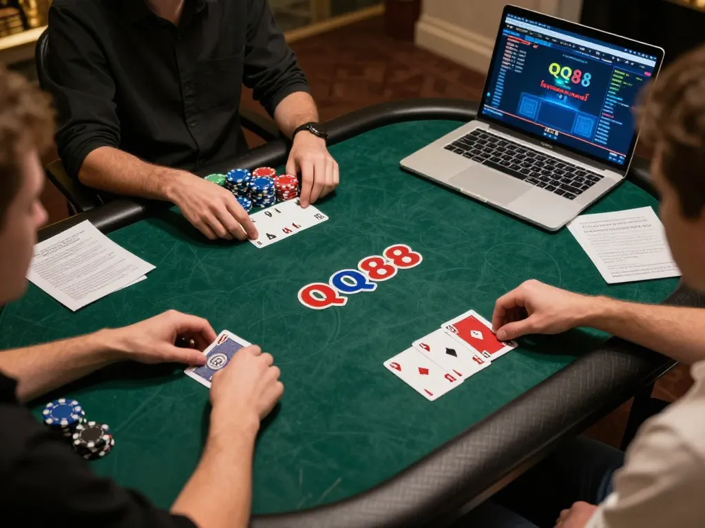 Engaging online poker game experience at QQ88 with players' cards visible and vibrant chips.