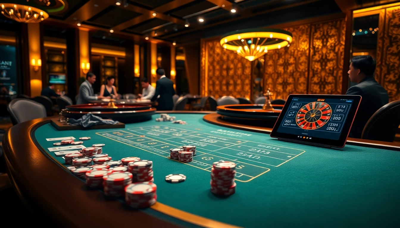 Engaging scene of gamblers at a vibrant casino table, showcasing nhà cái bet88's excitement and luxurious atmosphere.