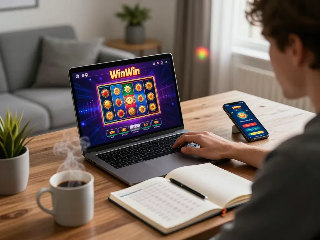 Engaging scene of online casino gaming at WinWin, with player focused on laptop display.