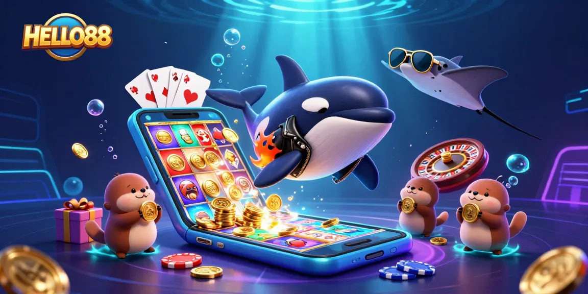 Engage with HELLO88 as cartoon characters jump amidst vibrant casino elements in a dynamic underwater scene.