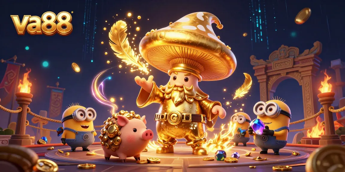 va88 enchanting gaming scene featuring a wizard, treasure pig, and magical mushroom minions