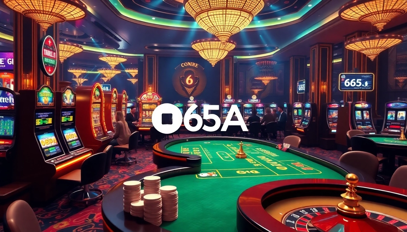 Experience high-stakes gambling action at 65A with players at poker tables and vibrant slot machines.