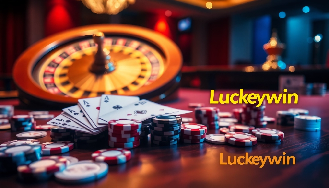Experience thrilling poker games at Luckywin casino with vibrant chips and cards.