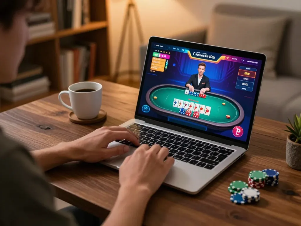 Engaged player enjoying game bài on their laptop in a cozy home gaming setup