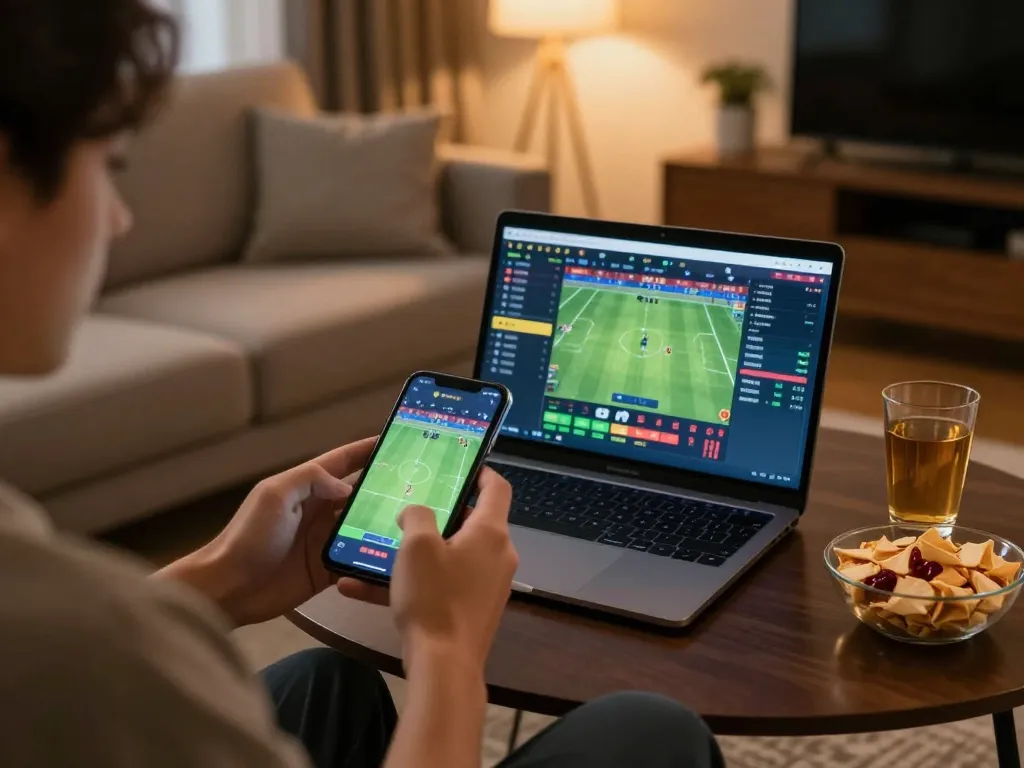 Engaging online betting experience on nk88 with a smartphone in a cozy living room atmosphere.