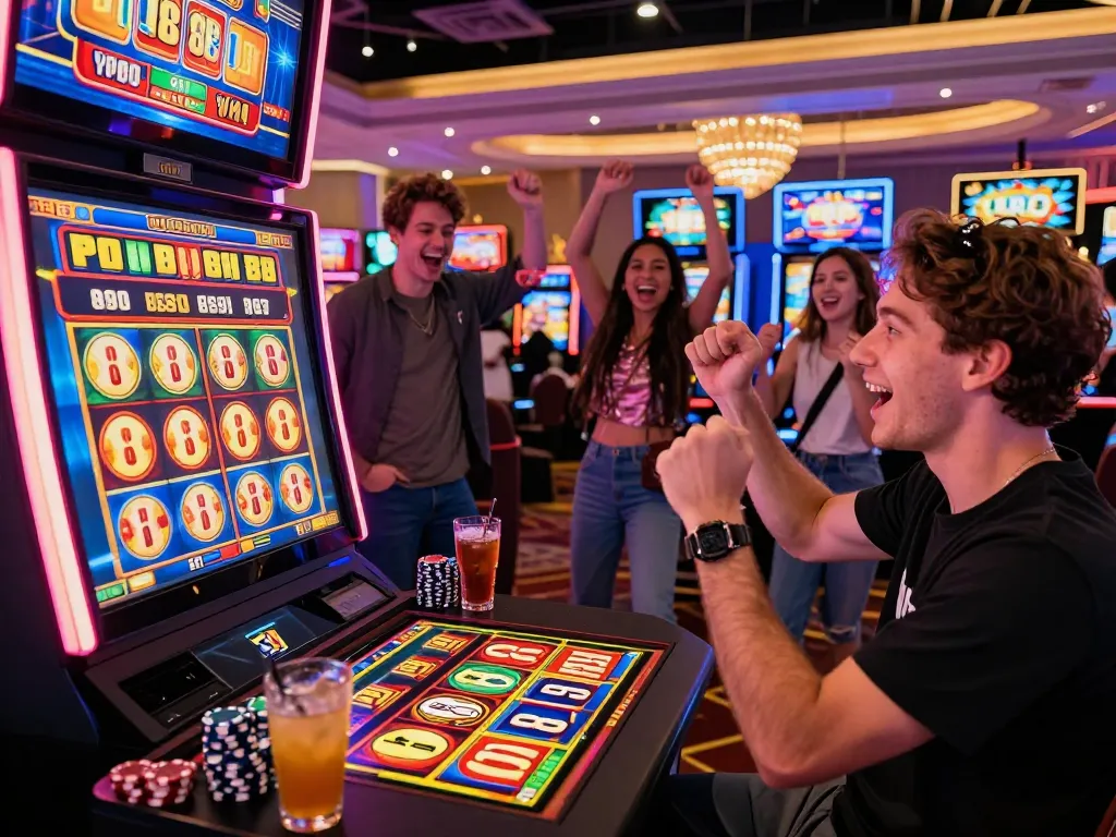 Player joyfully celebrating a winning moment on the Lucky 88 slot machine at a lively casino.