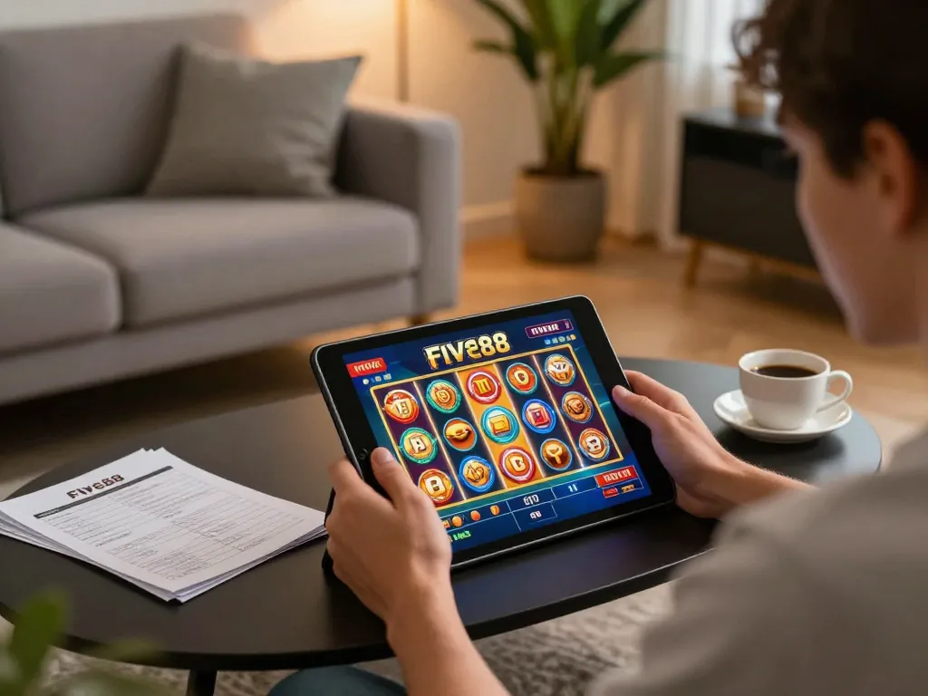 Player engaging with Five88 online casino app on tablet, creating an immersive gambling experience