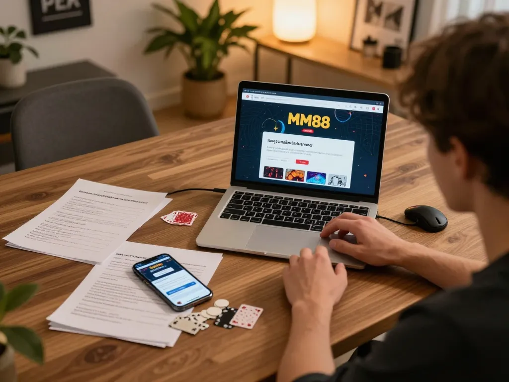 Experience engaging online poker with MM88 in a cozy home office environment, showcasing strategic gameplay.