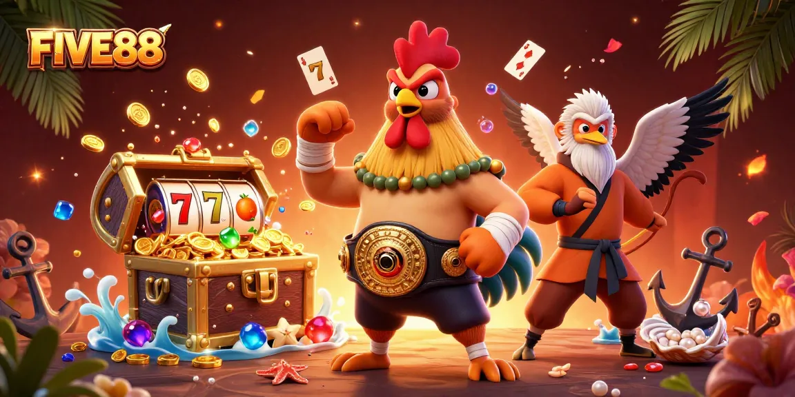 Win at FIVE88 with dynamic characters amidst colorful slot game elements.