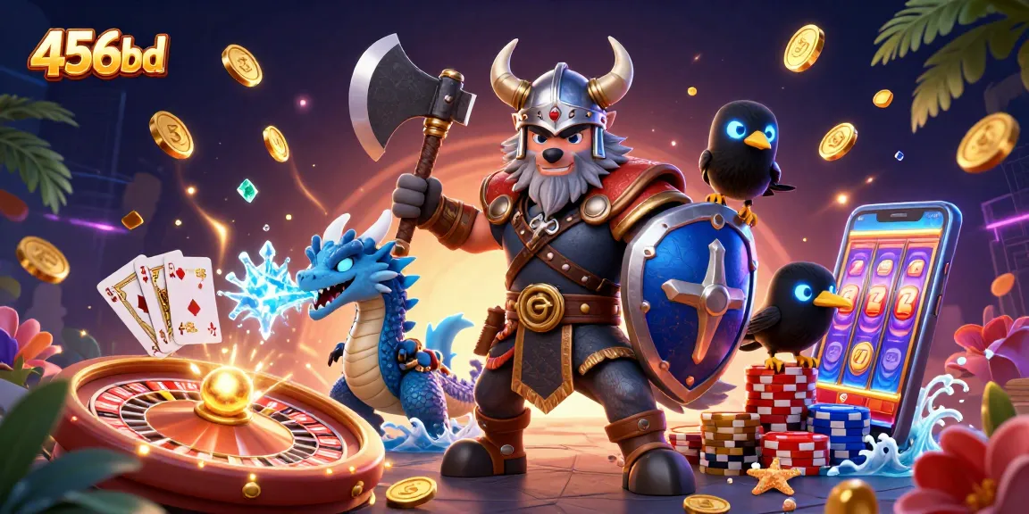 Engage with the exciting world of 456bd with a thrilling Viking warrior, dragon, and raven in a vibrant casino setting.