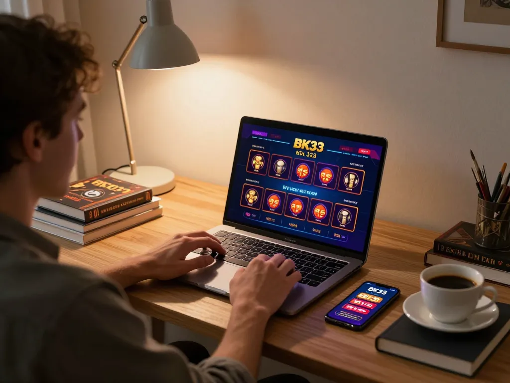 Engaging with BK33 casino games on a laptop in a cozy home office, showcasing modern online betting.