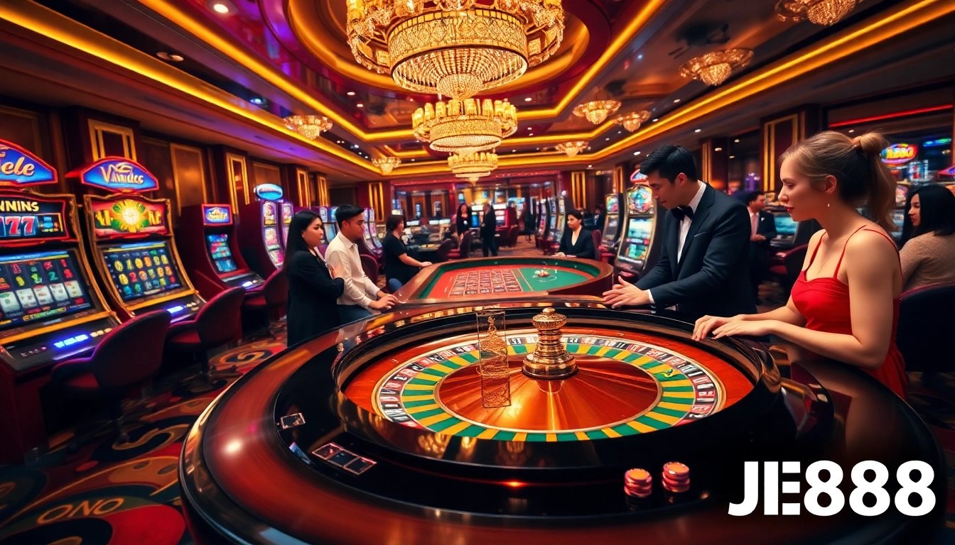 Experience the thrilling atmosphere of BJ88 with players enjoying roulette and slot machines.