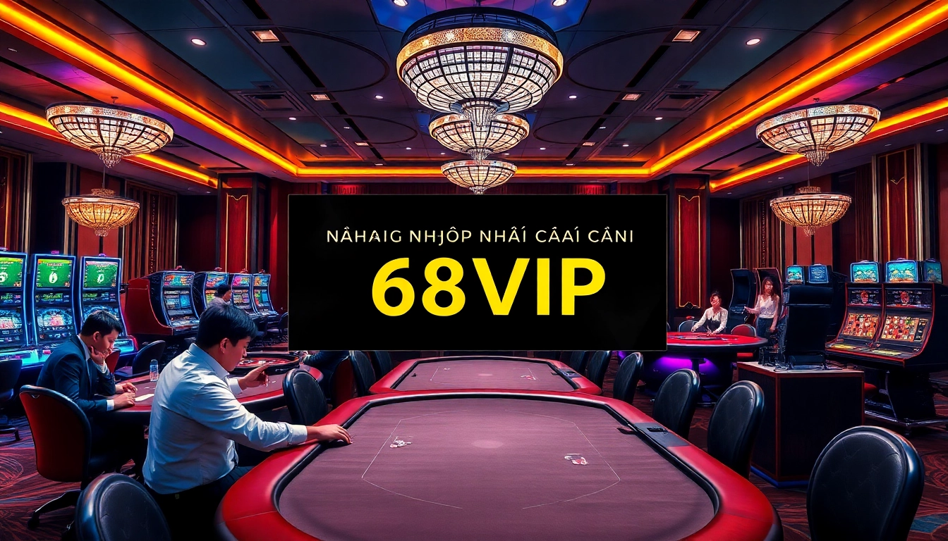 Login interface for Đăng Nhập Nhà Cái 68VIP in a luxurious casino atmosphere with players at tables.