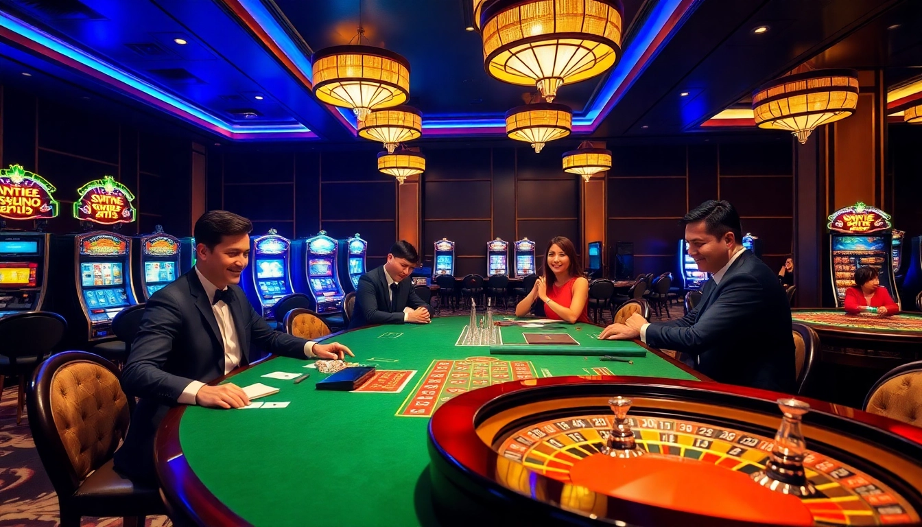 Experience the excitement of MM88 with players enjoying casino games at elegant tables.