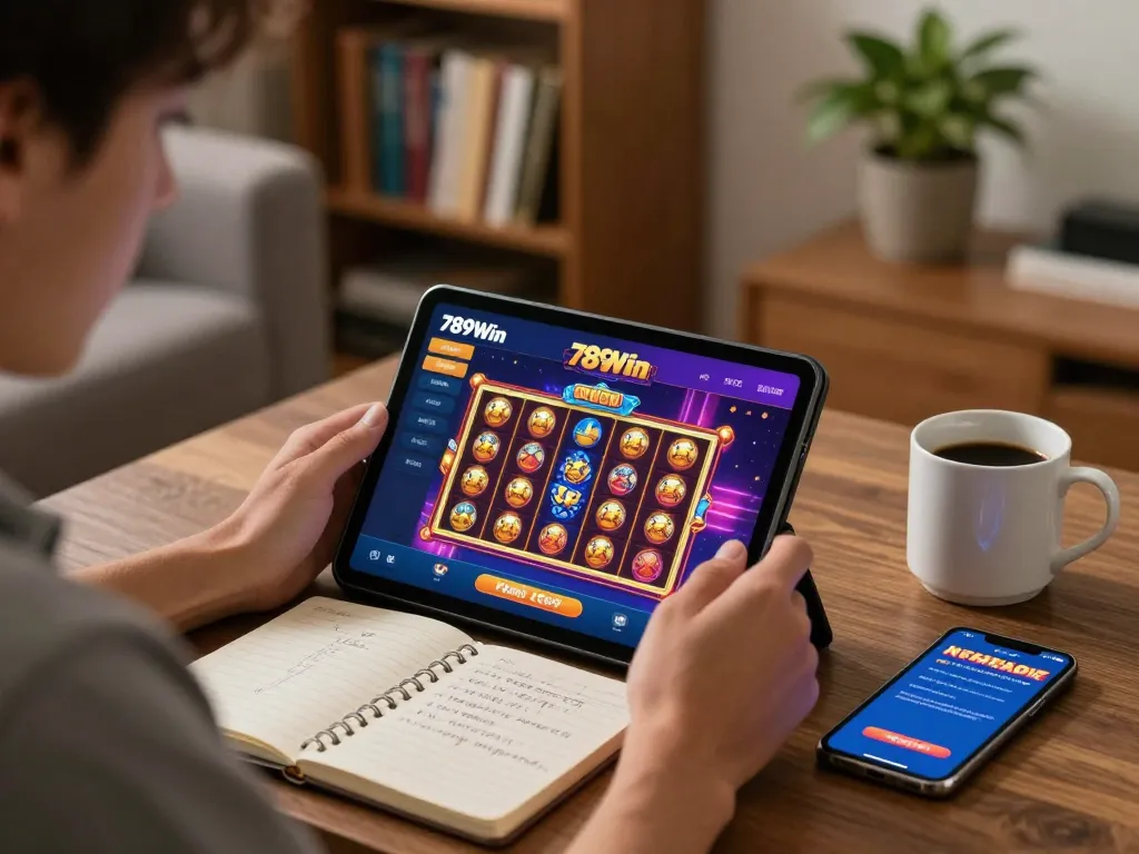 Player enjoying online gaming at 789Win in a cozy living room, focusing on tablet screen.