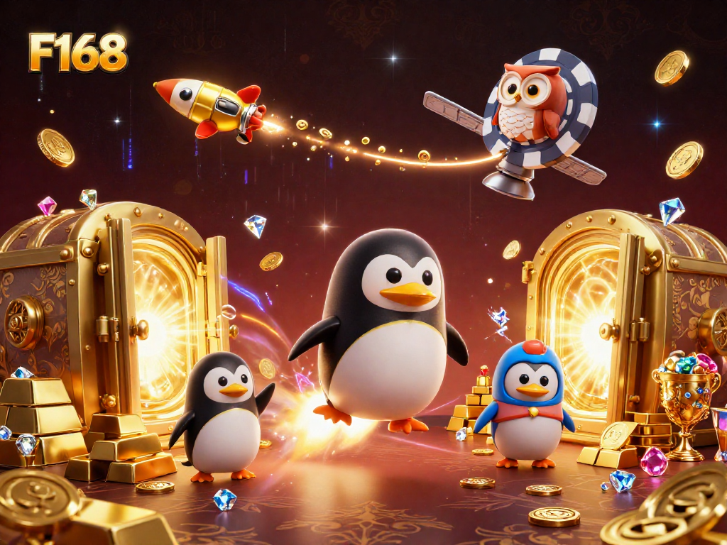 Join the gold rush at F168 with a rocket-powered penguin and an epic casino adventure!