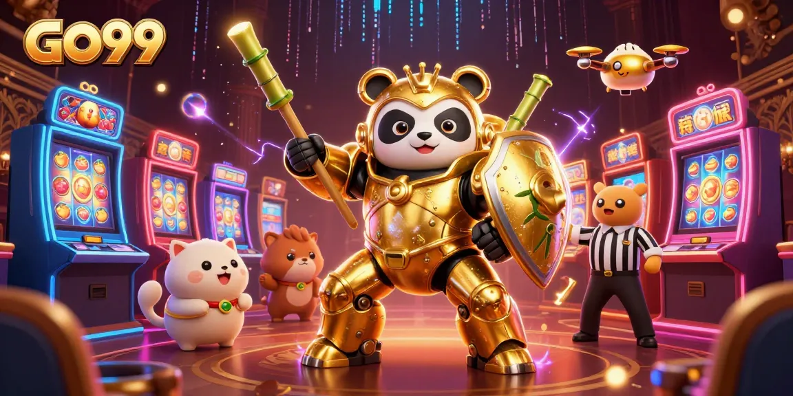 Spin to win with GO99: Explore vibrant casino action featuring a golden panda in an epic showdown.