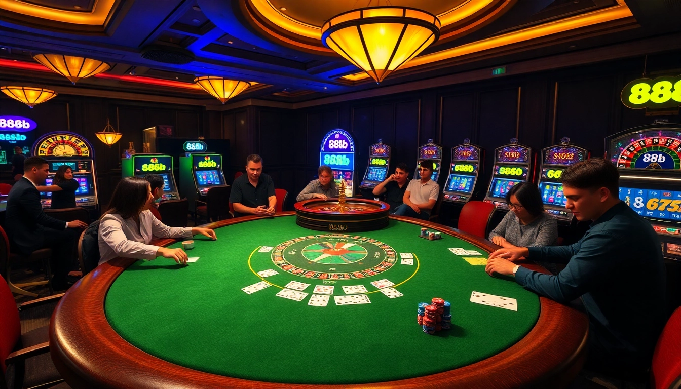 Experience the vibrant excitement of 888b casino gaming with modern tables and slot machines.