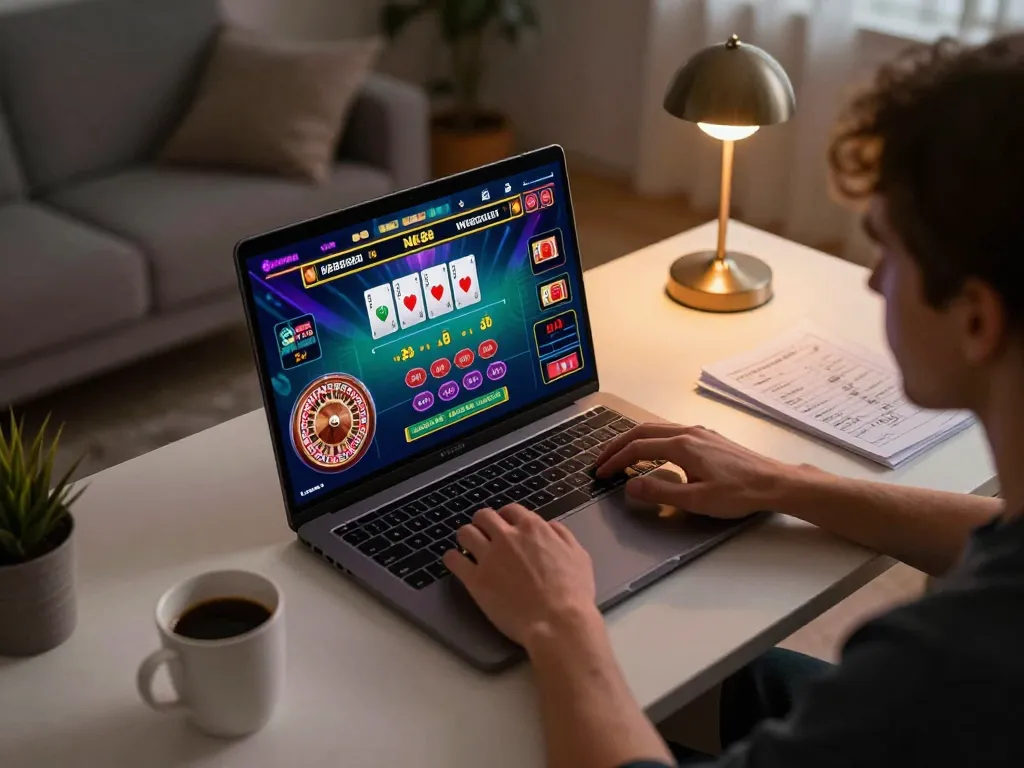 Engage in online gaming strategies on Nk88 with a dynamic laptop setup in a cozy home.