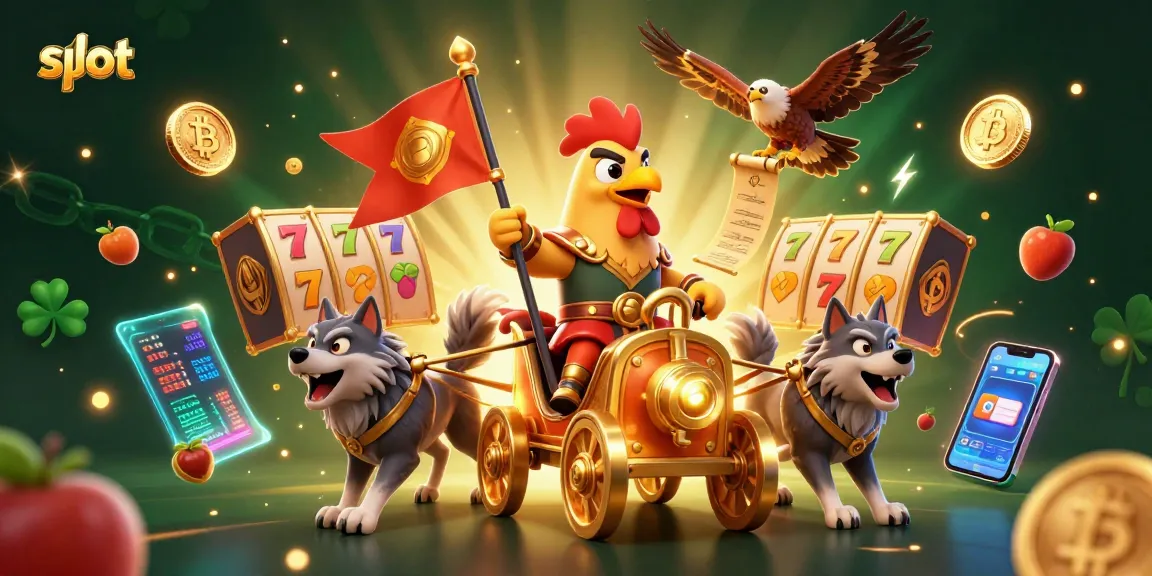 Engage in thrilling slot adventures with a majestic 3D rooster warlord and golden chariot.