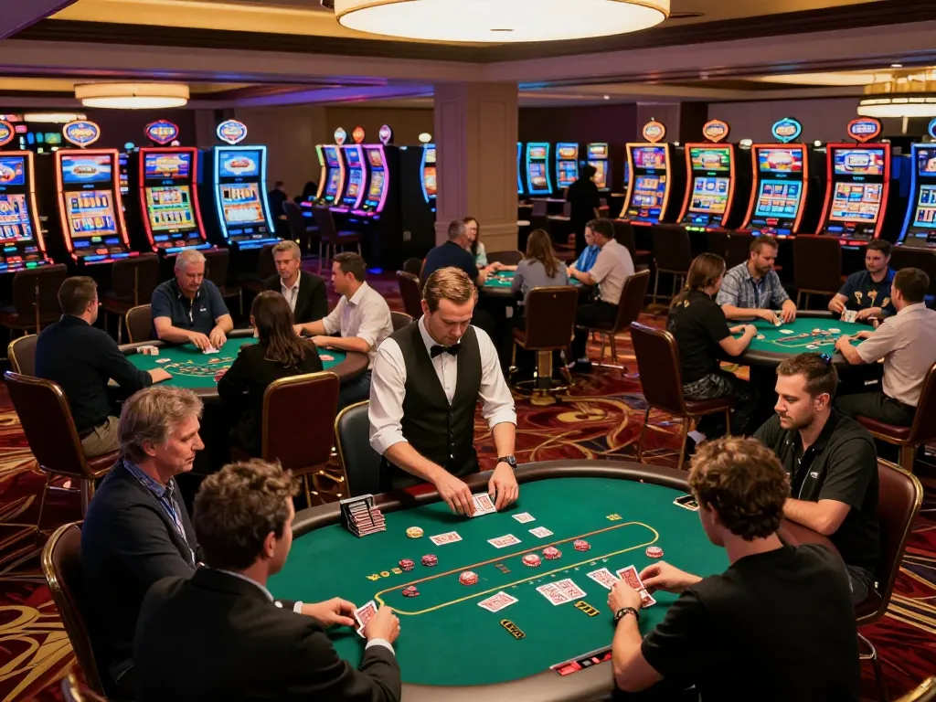 Players engaging in lively poker games at Go8 casino, vibrant atmosphere.