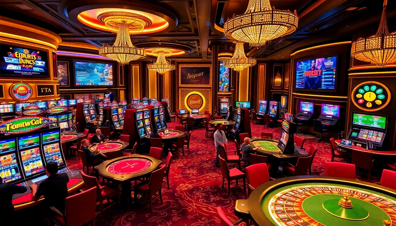Players excitedly engage with slot machines and poker tables at iboslot's luxurious casino.