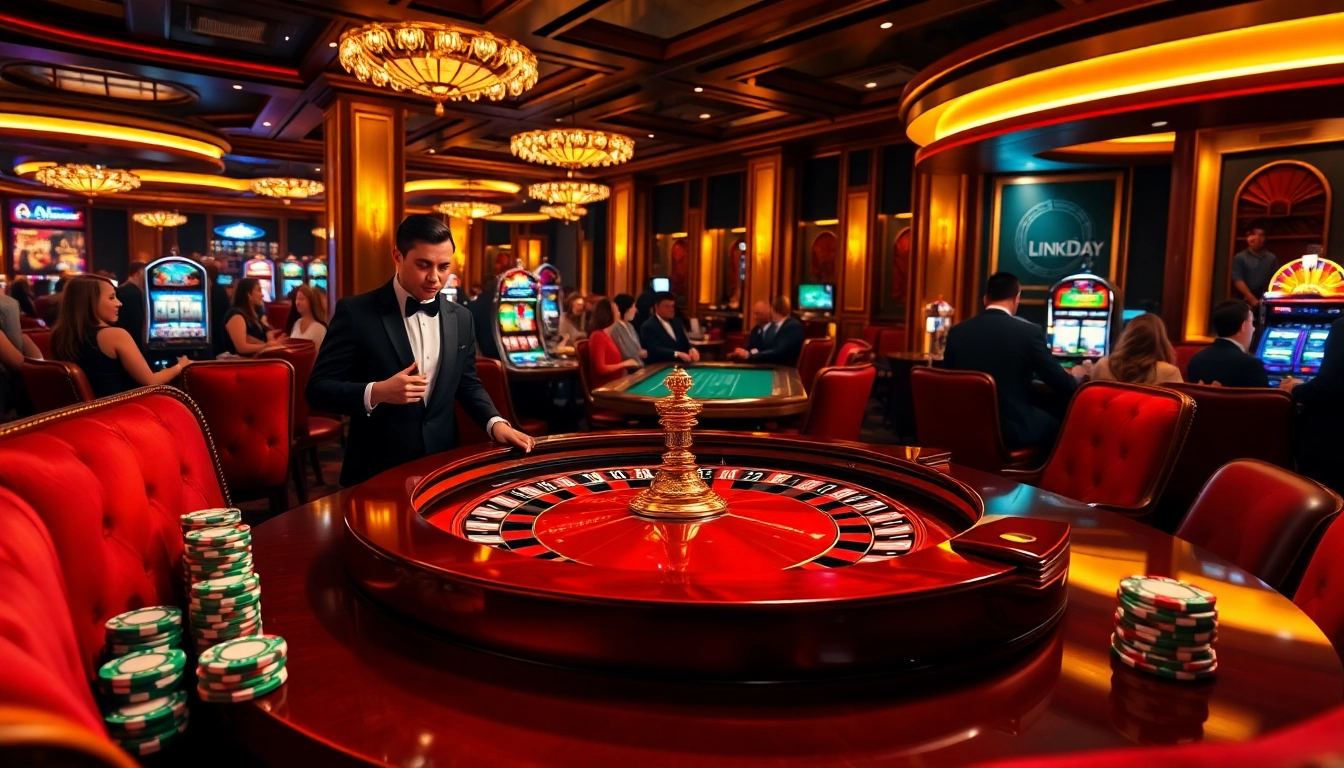 Players enjoying high-stakes games at a luxury casino featuring Link 8DAY gaming tables.