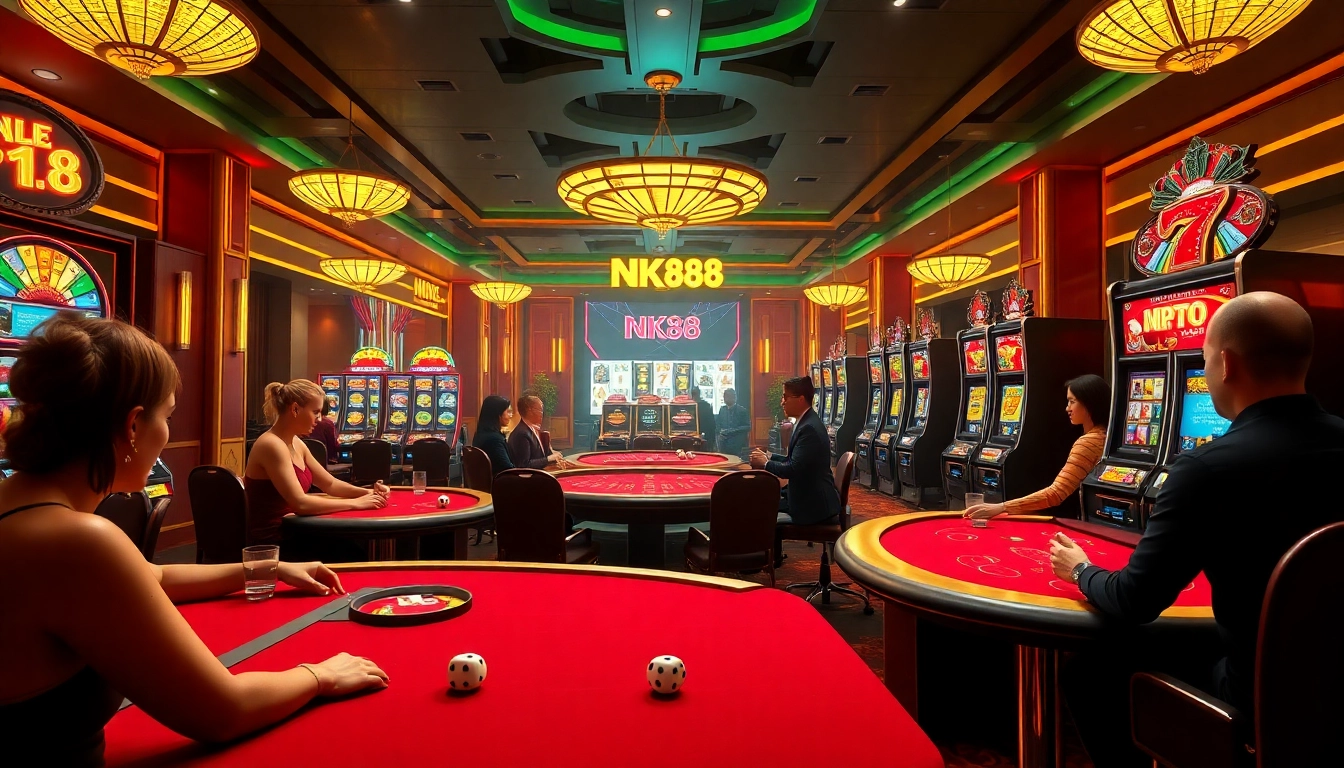 Players enjoying an exciting game at nk88 casino with vibrant tables and slot machines.
