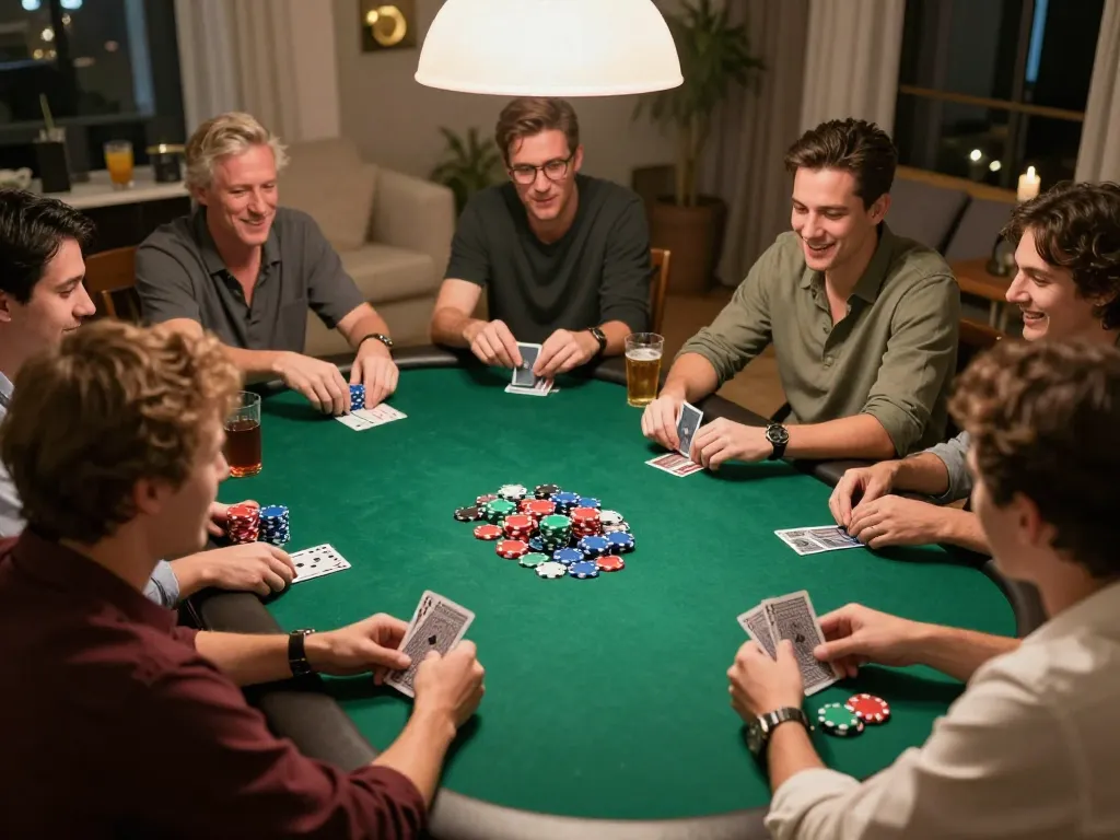 Friends enjoying a poker night at home, featuring vibrant chips and cards, 88clb community spirit.
