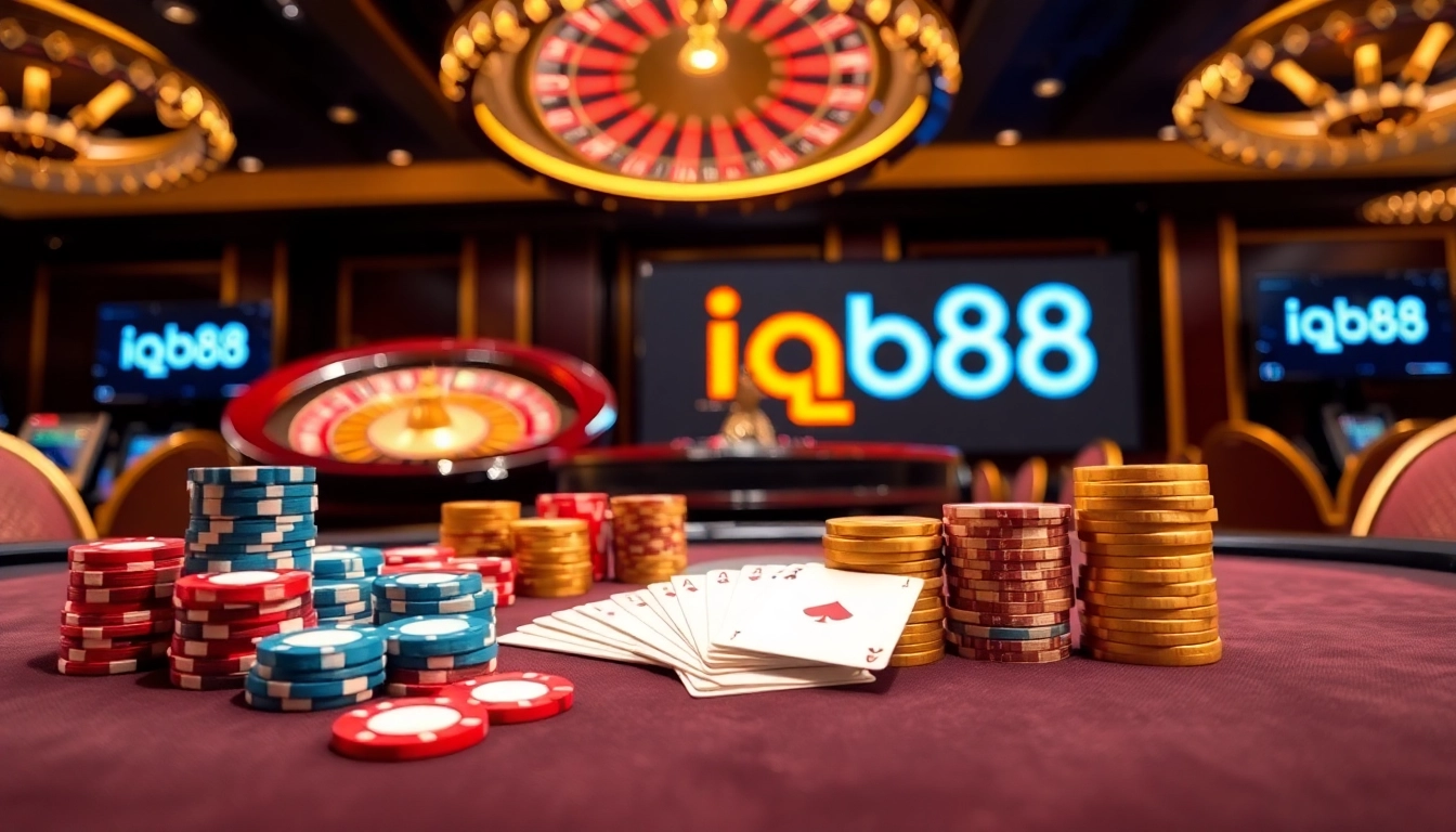 Engaging casino scene with poker chips and a roulette wheel, showcasing iq88 excitement.