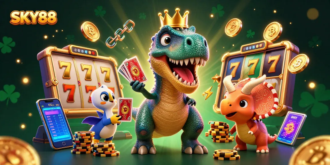 SKY88 showcases a playful scene with a T-Rex and friends engaging in slot gaming excitement.