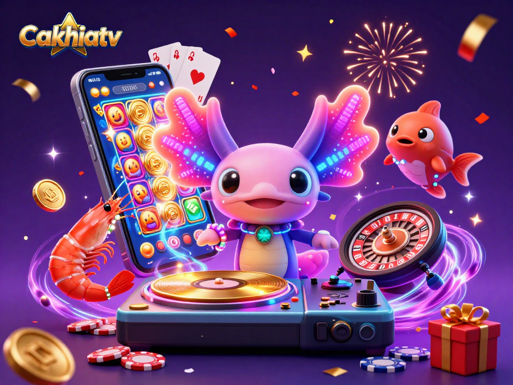 Cakhiatv brings excitement with neon axolotl DJ, vibrant slots, and joyful underwater celebration.