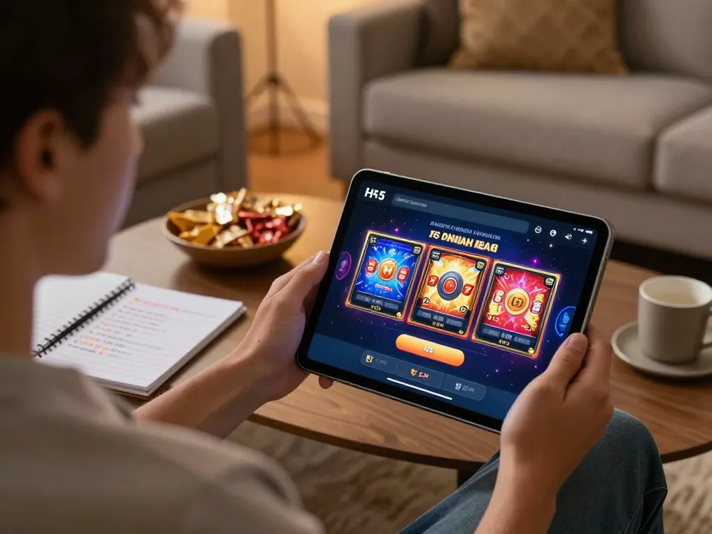 Engaging in H5 browser play on a tablet, showcasing an online slot game in a cozy home setting.