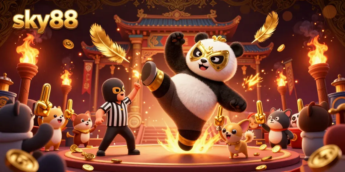 Experience the thrill at sky88 with a cartoon panda wrestler showcasing a flying kick in a dynamic casino scene.