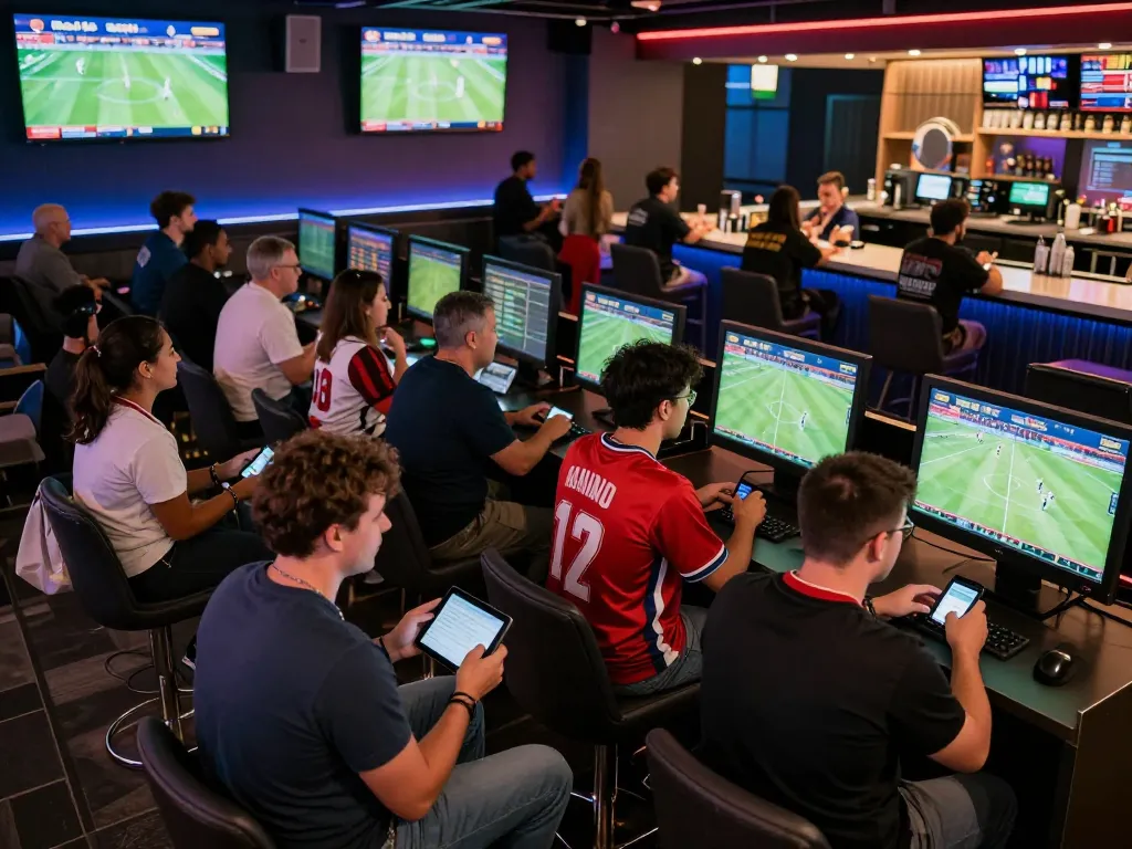 Fans enjoying sports betting at 789win lounge, engaged in live betting and cheering on teams.