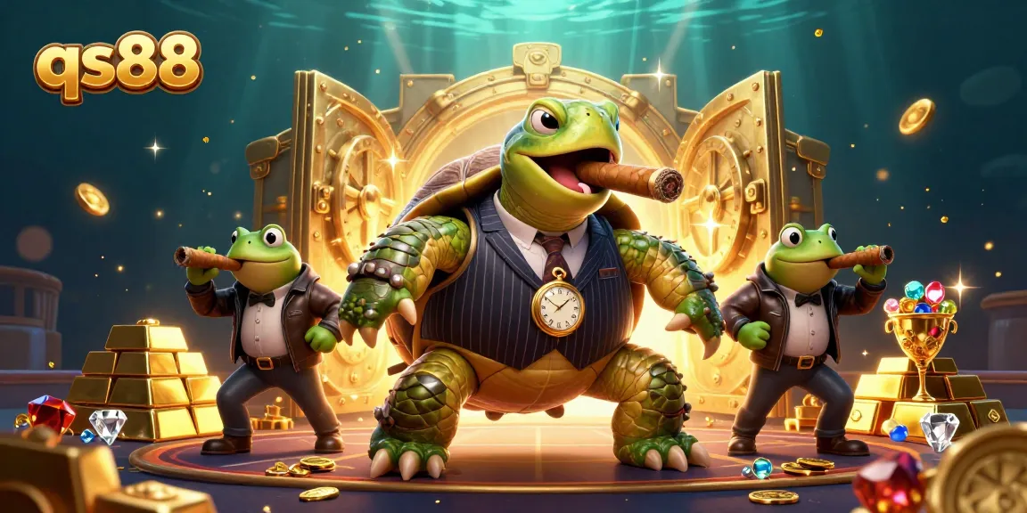 Experience the thrill of qs88 gaming with a vibrant illustration featuring a mobster turtle and casino elements.