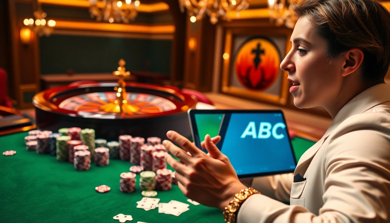 Engaging scene of gambling excitement at ABC8 casino with chips and roulette wheel.