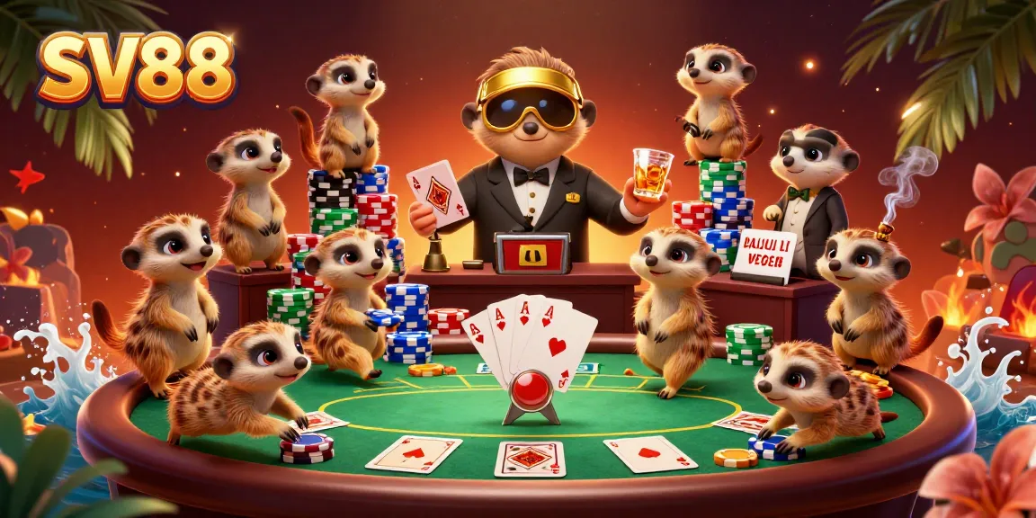 Engage in thrilling gameplay at SV88 with the meerkat casino crew, surrounded by vibrant poker action.