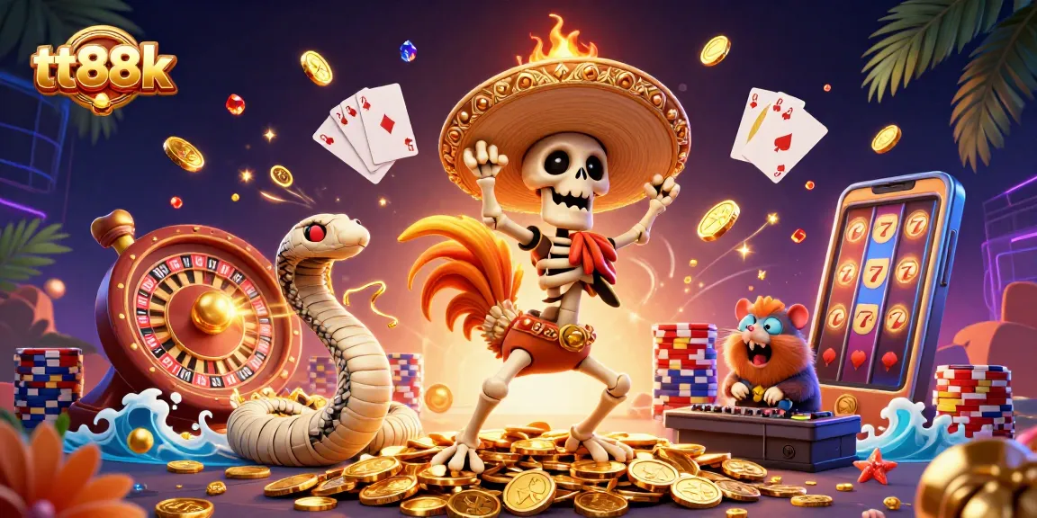 Experience exciting gaming at tt88k with vibrant characters celebrating on a pile of coins.