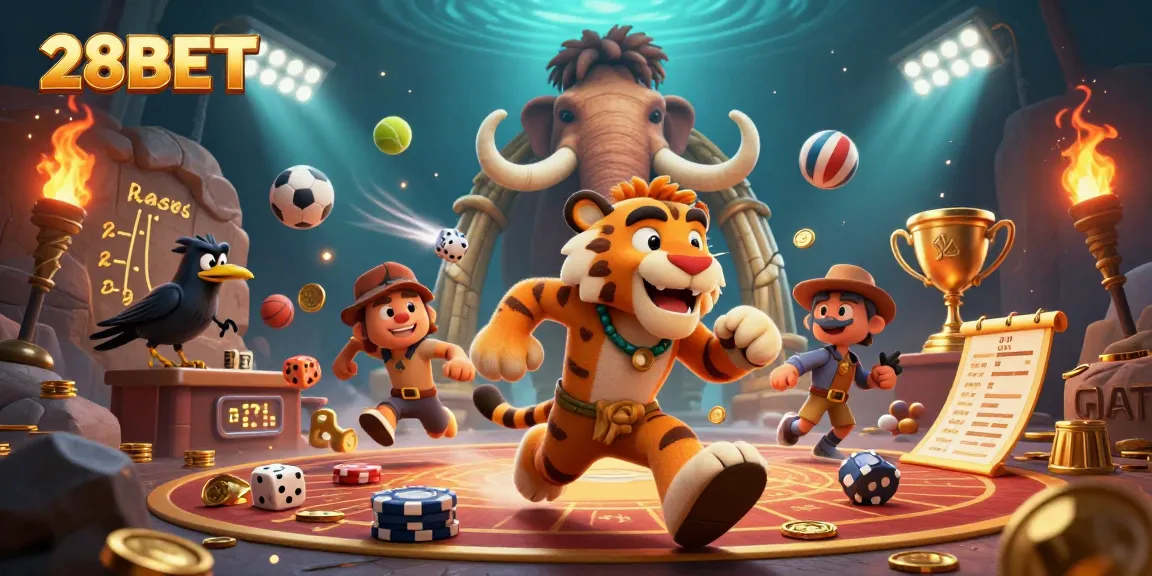 Engage in thrilling sports betting with 28BET, featuring dynamic casino elements and lively characters.