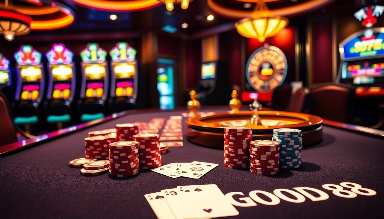 Experience thrilling excitement at GOOD88 with vibrant casino gaming tables and slot machines.